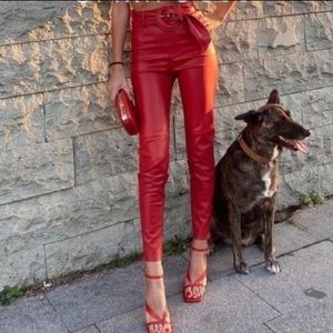 Zara belted leather pants red